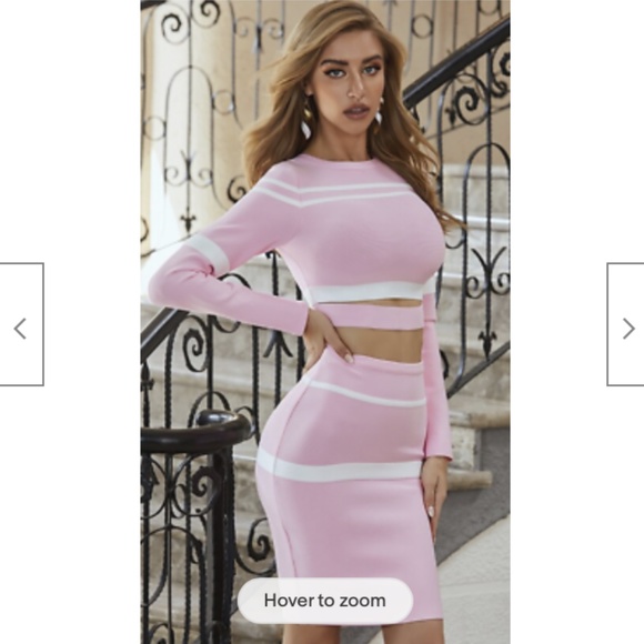 NEW! ELEGANT CO ORD 2 PIECE SET LONG SLEEVE TOP & SKIRT SET PINK & WHITE STRIPE - Picture 9 of 11